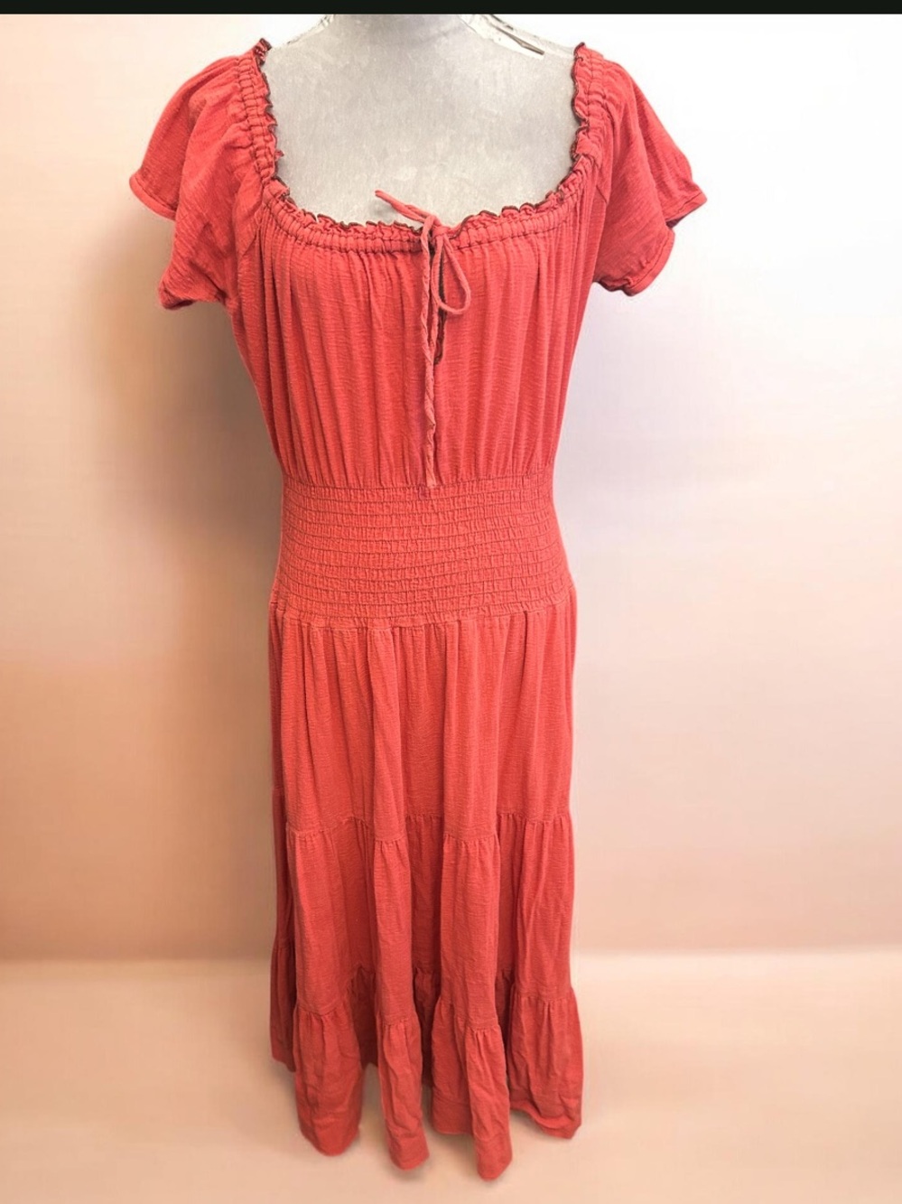 Newport News coral Maxi Dress with Tie Neck flawed right sleeve easy sew up